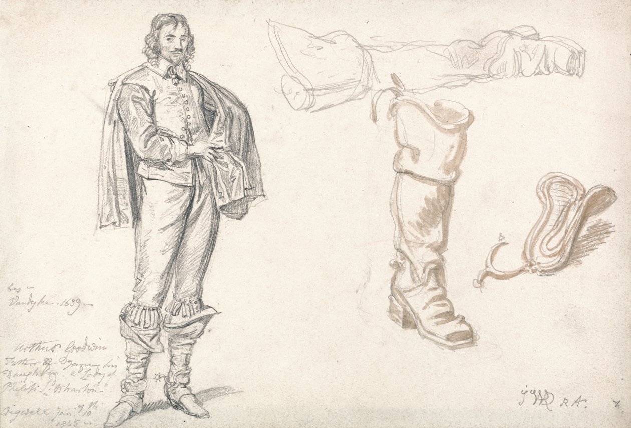 Tutkimuksia seisovasta hahmosta ja kengästä, 1825 (grafiitti- ja seepiapesu paperille) tekijältä James Ward