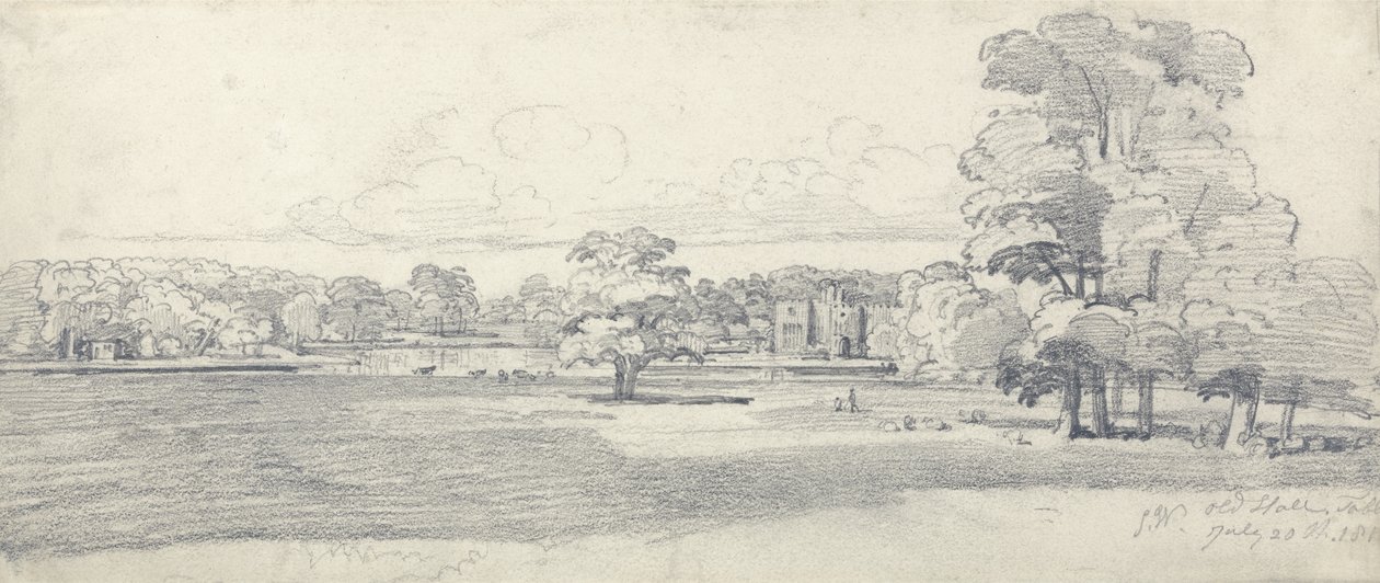 Old Hall, Tabley, Parklandin ympäröimä, 20. heinäkuuta 1814 (kynä paperille) tekijältä James Ward
