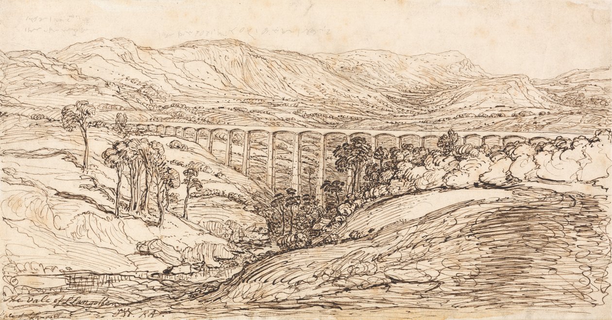 The Vale of Llangollen (kynä ja ruskea muste paperille) tekijältä James Ward