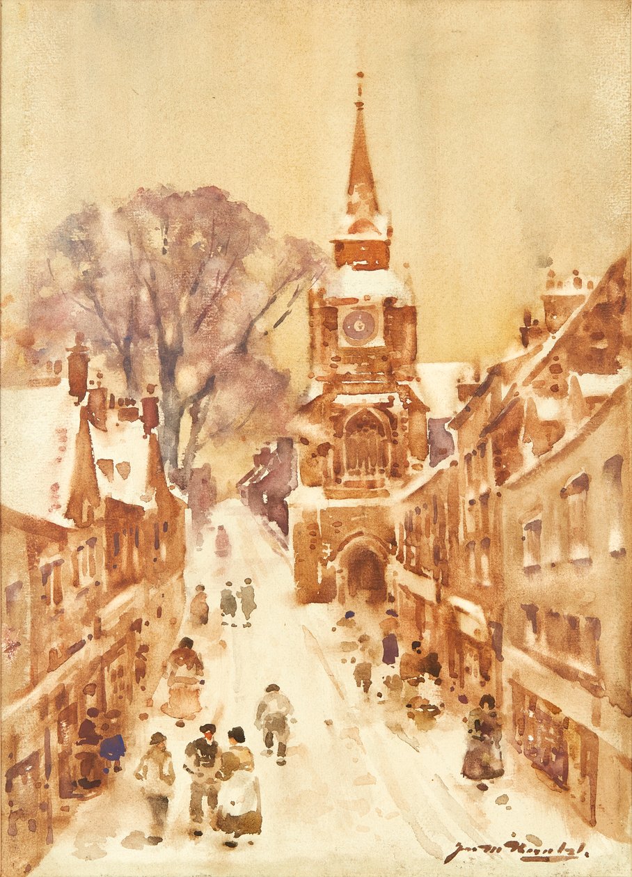 Winter Street Scene (akvarelli) tekijältä James Watterston Herald