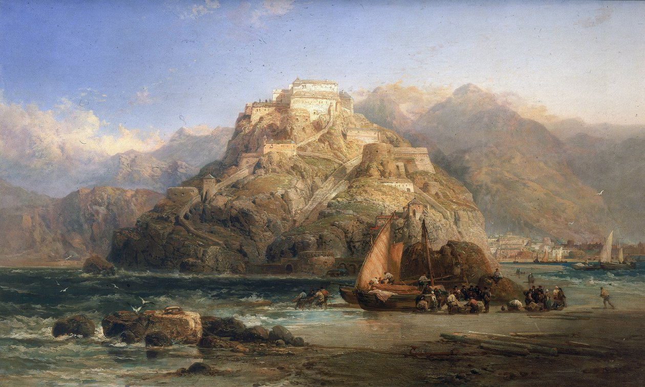Näkymä San Sebastianiin (Espanja), keskellä Urgull-vuori ja Santa Cruz de la Motan linnan rakennukset. James Webbin (toiminut vuosina 1853-1888) öljy kankaalle. tekijältä James Webb