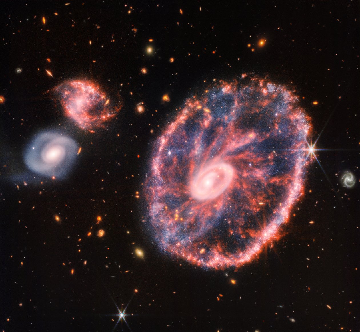 Cartwheel Galaxy (NIRCam ja MIRI yhdistelmäkuva) tekijältä James Webb Space Telescope (NASA)