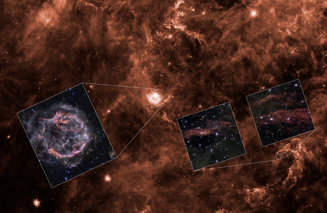 Cassiopeia A:n valon heijastukset (Spitzer-konteksti) tekijältä James Webb Space Telescope (NASA)