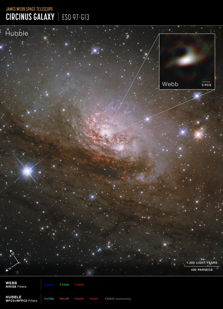 Circinus-galaksi (Hubble- ja Webb-teleskooppien ottama kuva)   tekijältä James Webb Space Telescope (NASA)