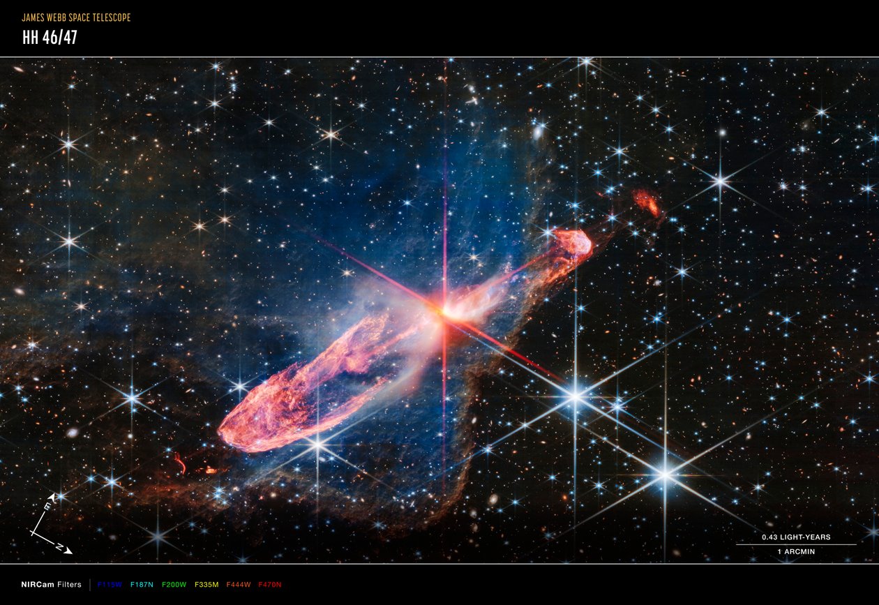 Herbig-Haro 46/47 (NIRCam-kompassikuva) tekijältä James Webb Space Telescope (NASA)