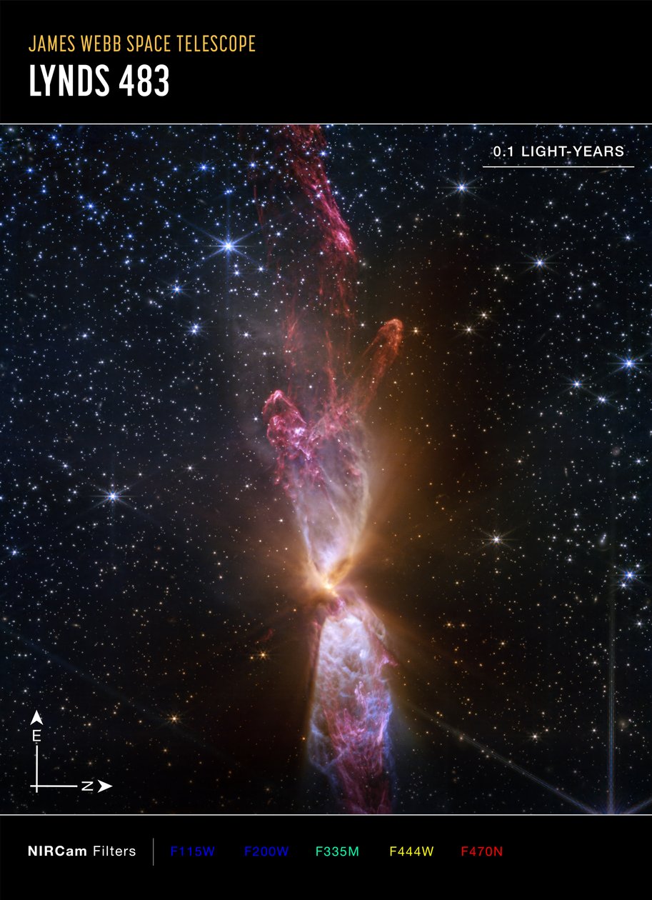 Lynds 483 (NIRCam Compass -kuva) tekijältä James Webb Space Telescope (NASA)