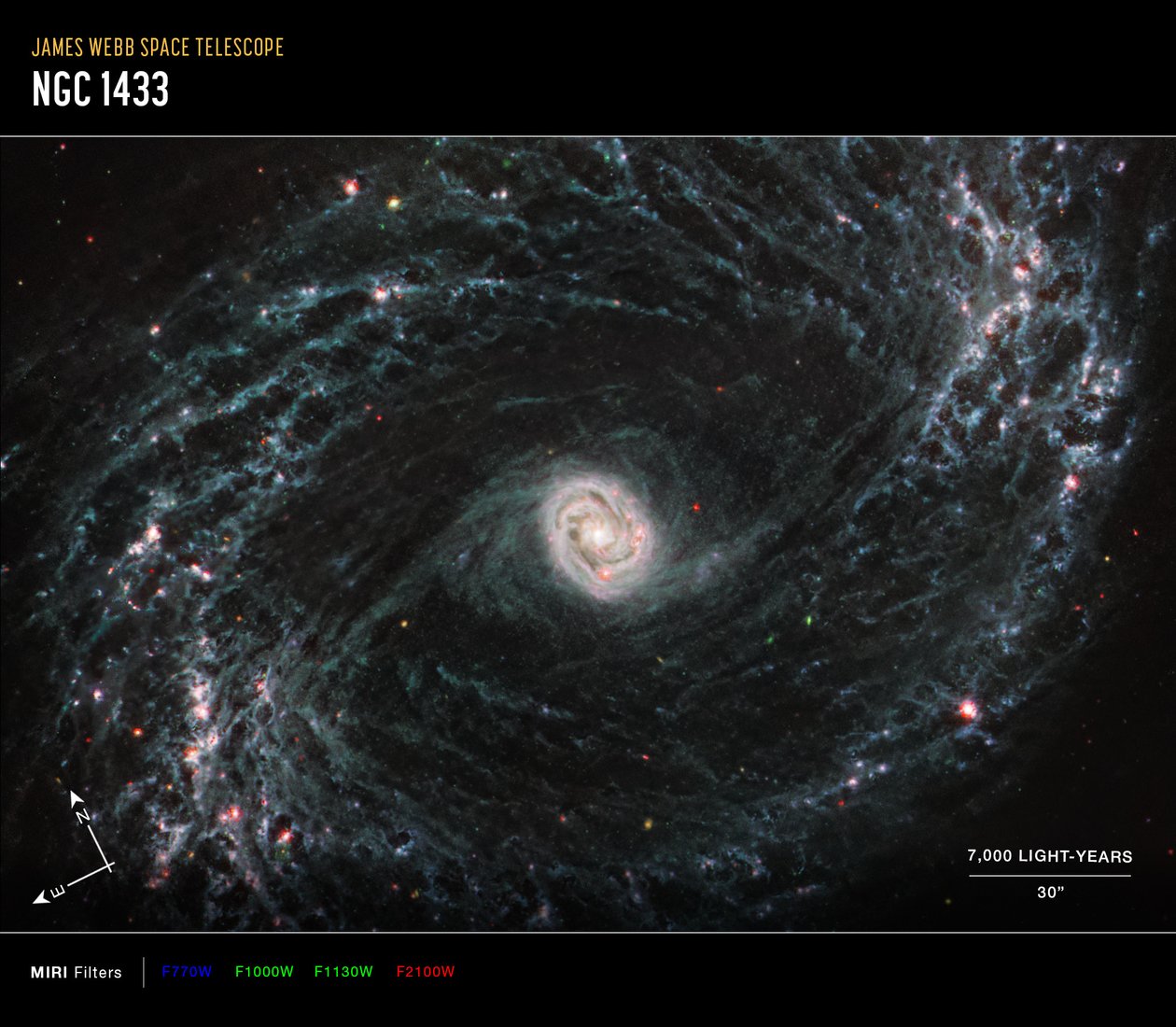 NGC 1433 (MIRI-kompassikuva) tekijältä James Webb Space Telescope (NASA)