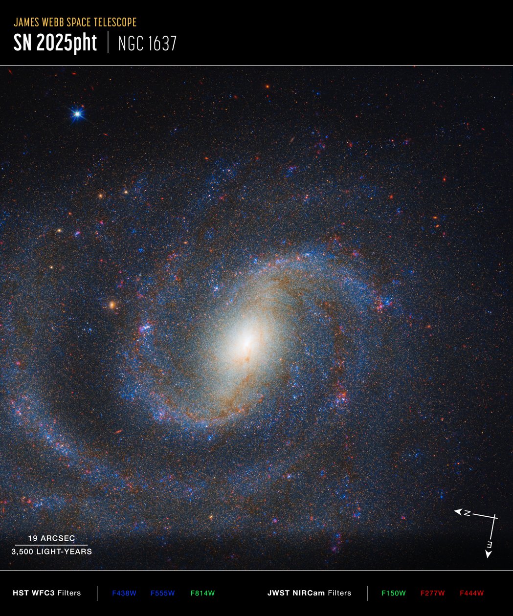 NGC 1637:n Compass-kuva tekijältä James Webb Space Telescope (NASA)