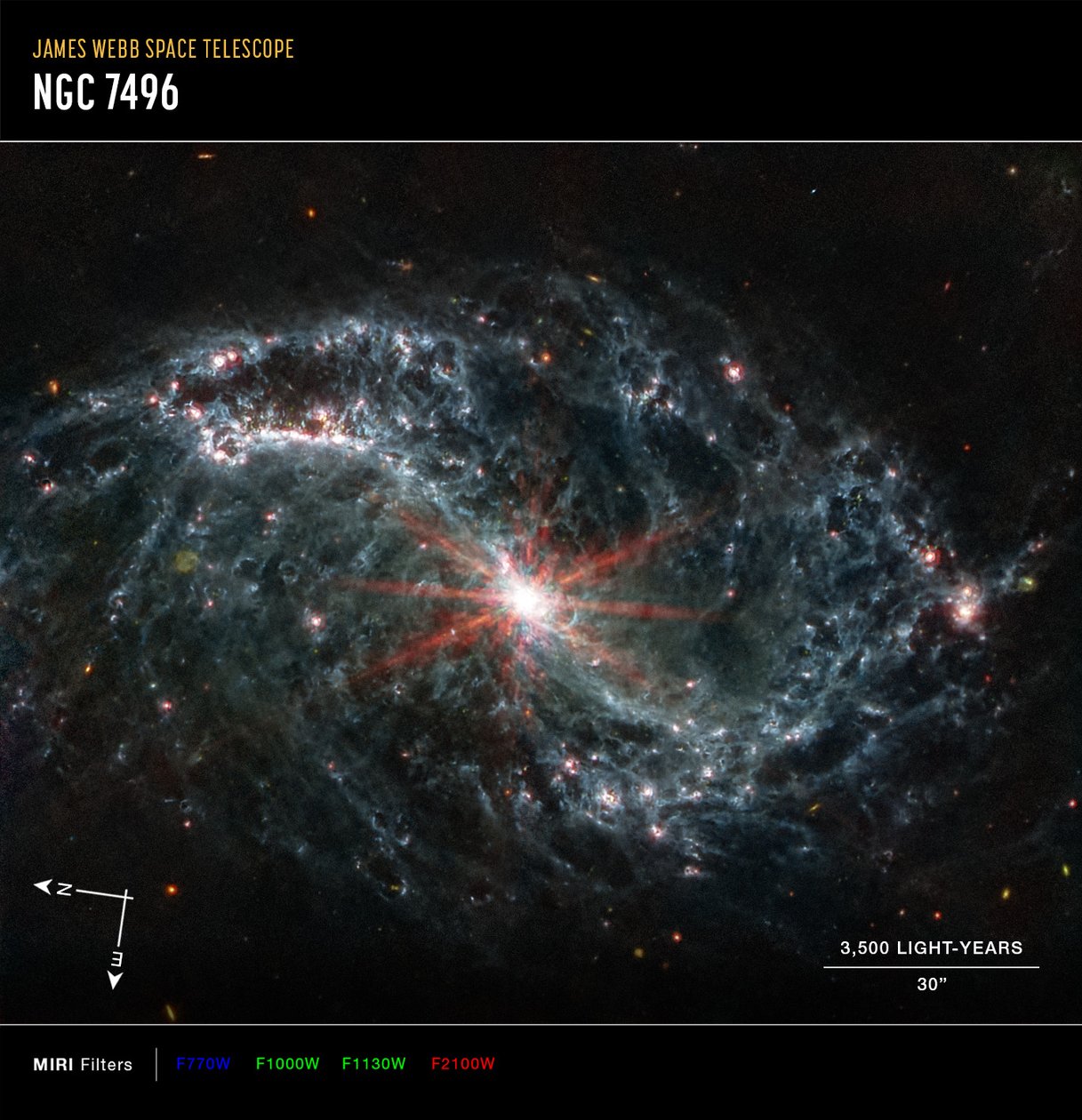 NGC 7496 (MIRI-kompassikuva) tekijältä James Webb Space Telescope (NASA)