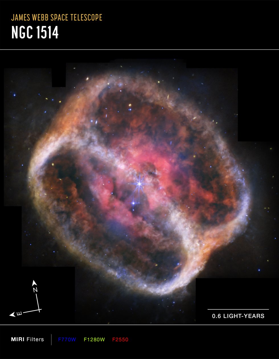 Planeettasumu NGC 1514 (MIRI Compass -kuva) tekijältä James Webb Space Telescope (NASA)
