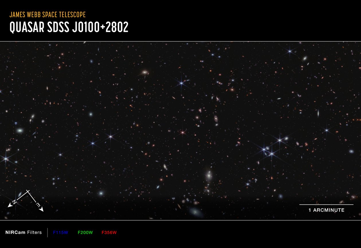 Quasar J0100+2802 (NIRCam-kompassikuva) tekijältä James Webb Space Telescope (NASA)