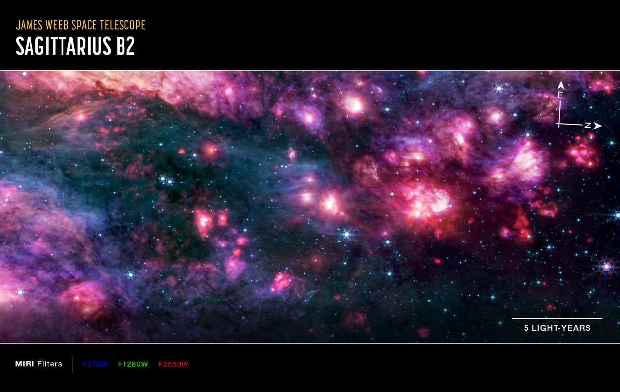 Sagittarius B2 (MIRI Compass -kuva) tekijältä James Webb Space Telescope (NASA)