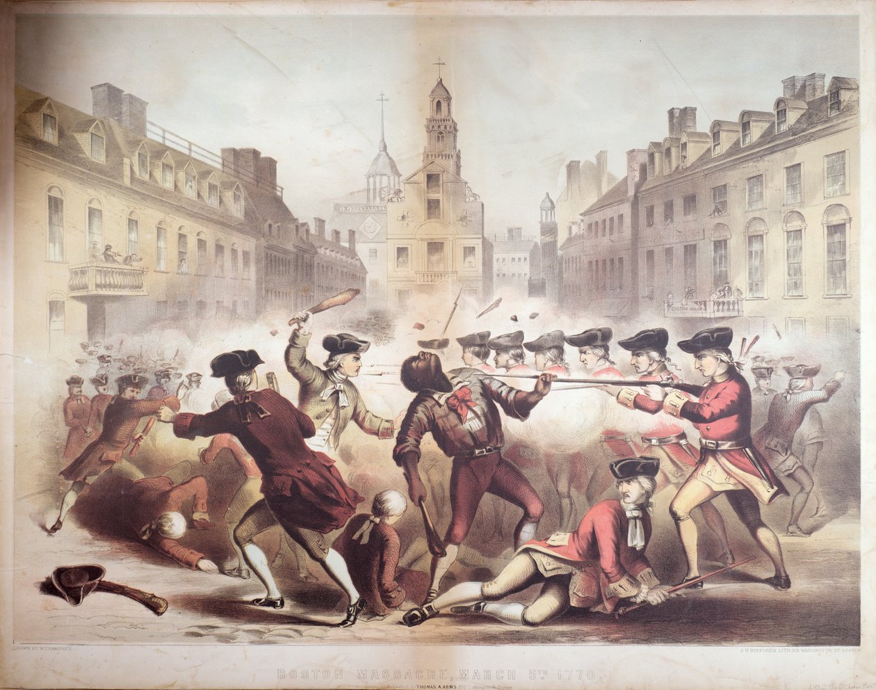 Crispus Attucksin kuolema Bostonin joukkomurhassa, 5. maaliskuuta 1770, 1856 (chromolitho) tekijältä James Wells Champney