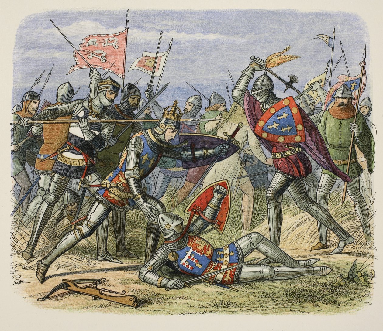 Alenconin herttua hyökkäsi Henrik V:n kimppuun taistelukentällä Englannin Chroniclesta 55 eKr. 1485 jKr., pub. Lontoo tekijältä James William Edmund Doyle