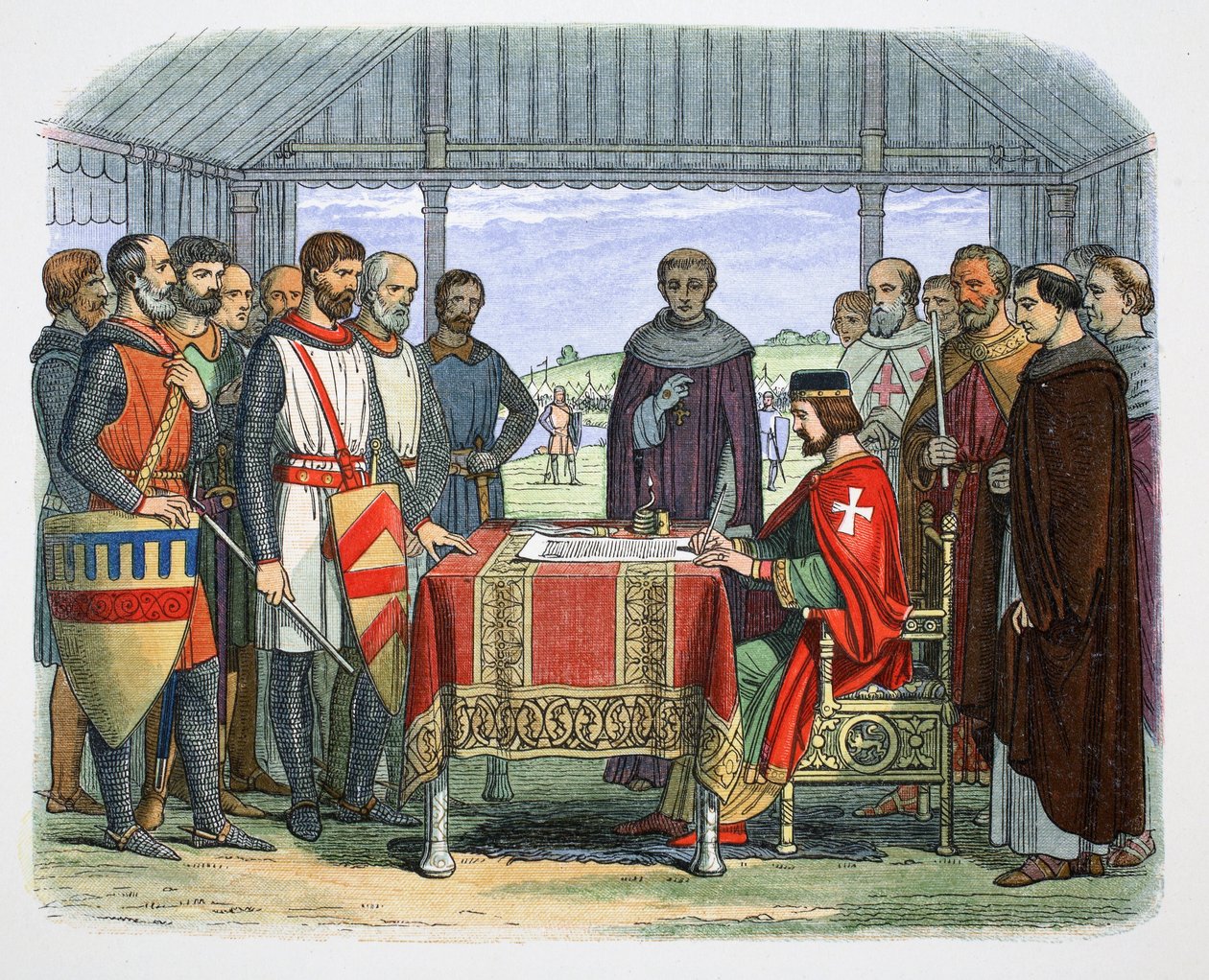 Kuningas Johannes allekirjoittaa Suuren peruskirjan, Runnymede, Surrey, 1215 1864. tekijältä James William Edmund Doyle