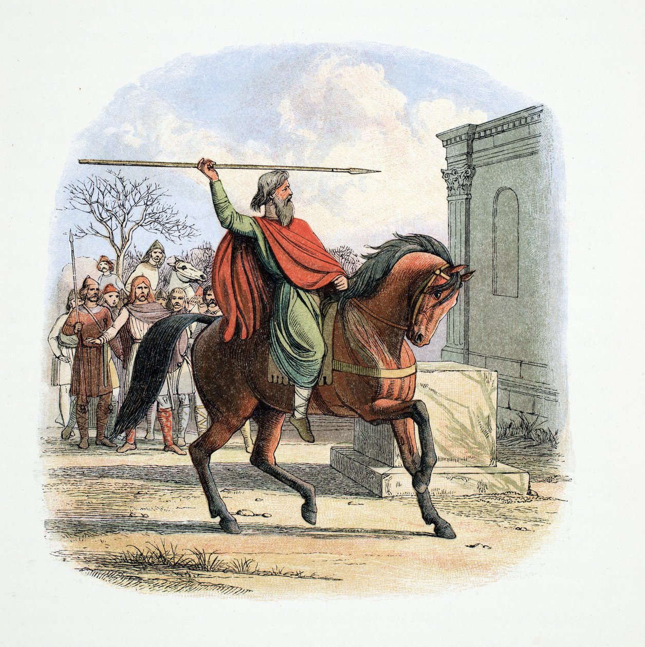 Ylipappi Coifi häpäisee epäjumalien temppelin, 627 jKr., Englannin kronikasta 55–1485, pub. Lontoo, 1863 tekijältä James William Edmund Doyle