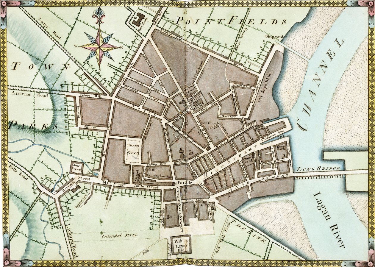 Kaksisivuinen Belfastin akvarellisuunnitelma, n. 1795 tekijältä James Williamson