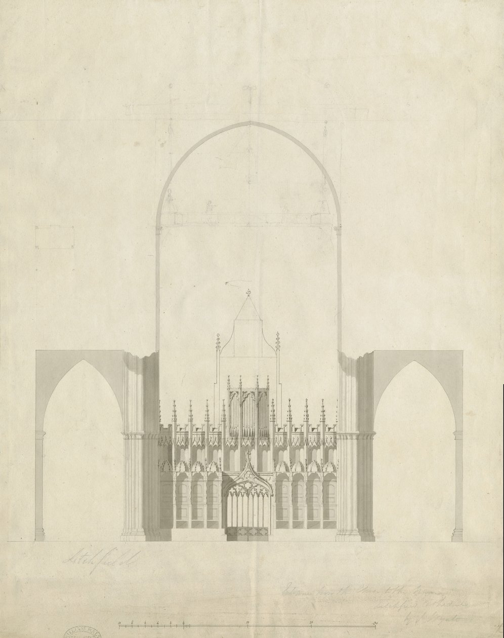 Lichfieldin katedraalin sisustus - Sisäänkäynti kuorosta naveen: piirustus ja pesu, nd [c 1780] tekijältä James Wyatt