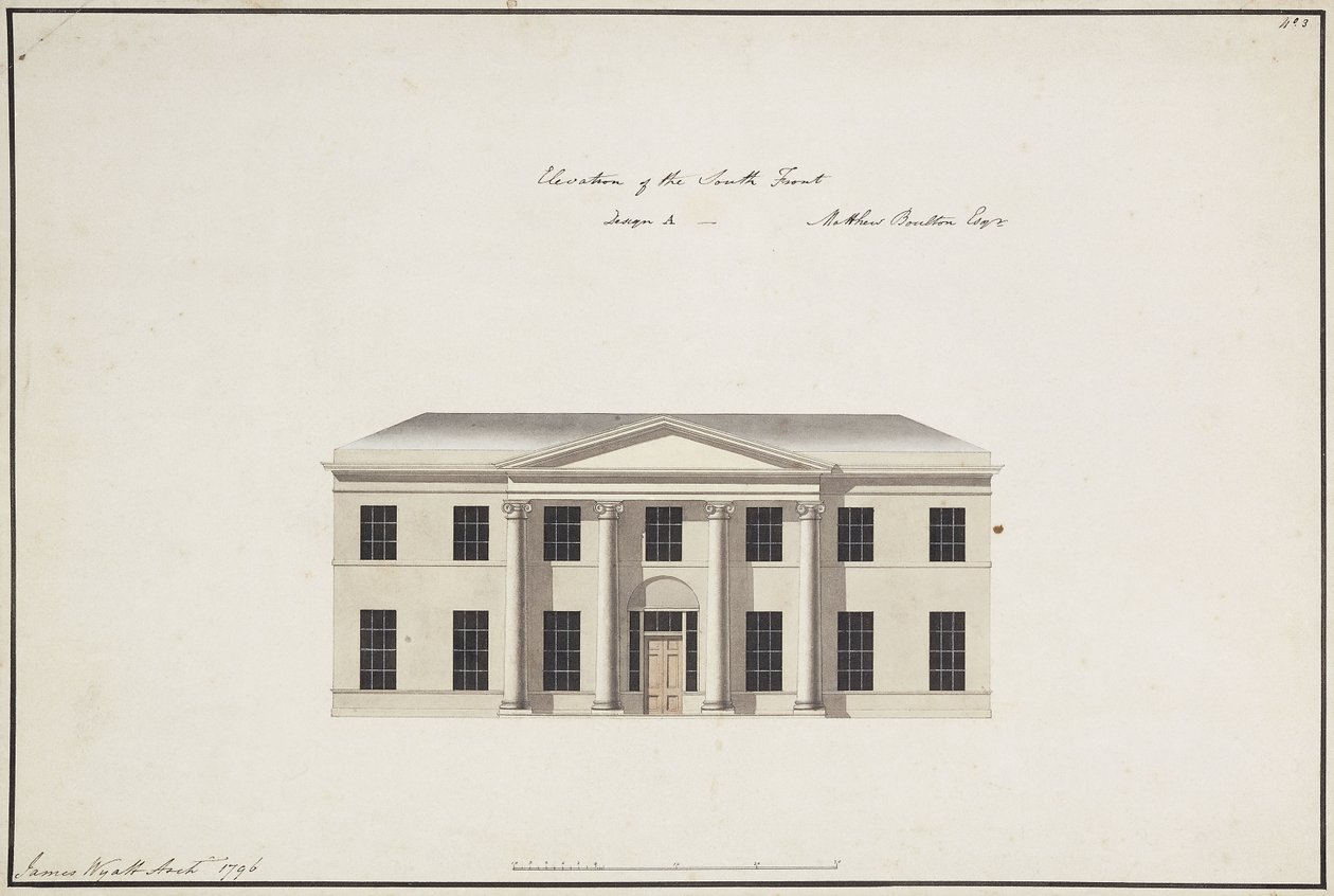 Soho House: Pohjakerroksen suunnitelma; Makuuhuoneen kerrossuunnitelma; Etelärintaman korkeus, malli A, etelärintaman korkeus, malli B ja pohjoisrintaman korkeus, 1796 tekijältä James Wyatt