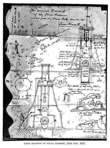 Ensimmäinen piirros Steam Hammerista, 24. marraskuuta 1839, Nasmyths luonnoskirjan revitystä sivusta, kaiverrettu R. Paterson tekijältä James after Nasmyth