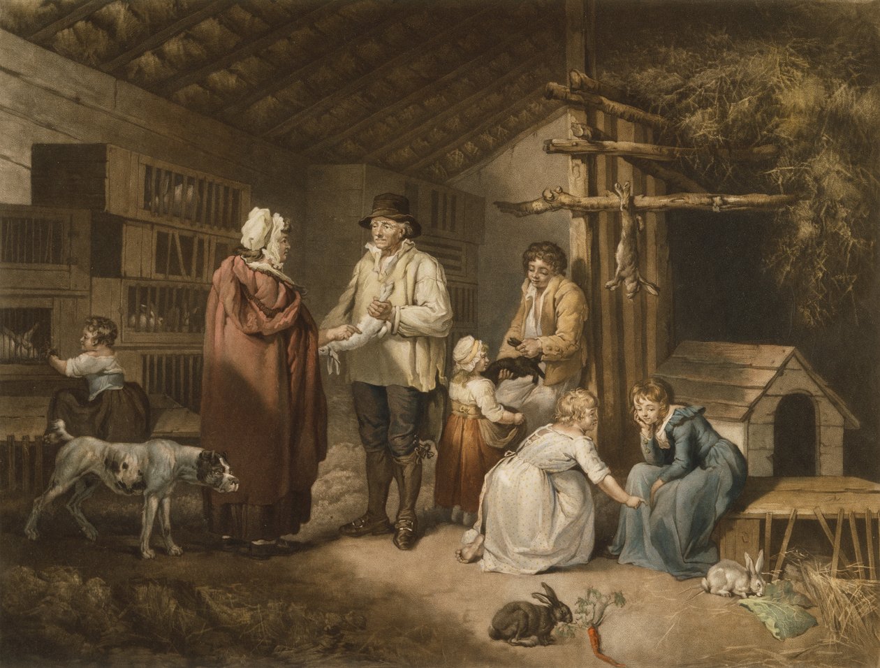 Myydään kaneja, kaiverrus William Ward (1766-1826) 1796 (värillinen mezzotint) tekijältä James after Ward