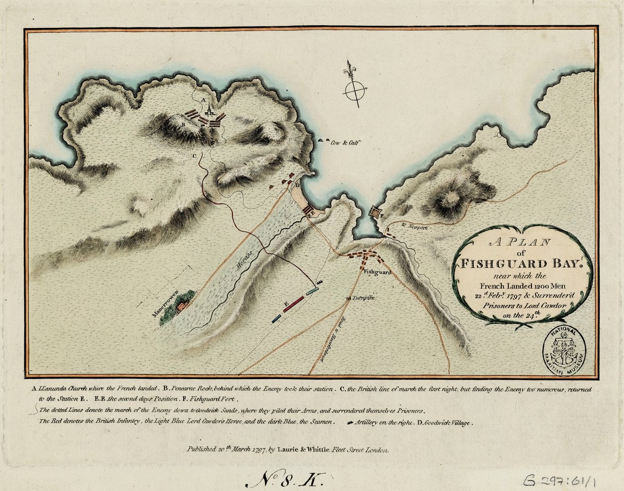 Suunnitelma Fishguardin lahdesta, jonka lähelle ranskalaiset laskeutuivat 1200 miestä 22. helmikuuta 1797 ja luovuttivat vangit lordi Cawdorille 24. helmikuuta 1797. tekijältä James and Laurie Robert (1755 1836) Whittle
