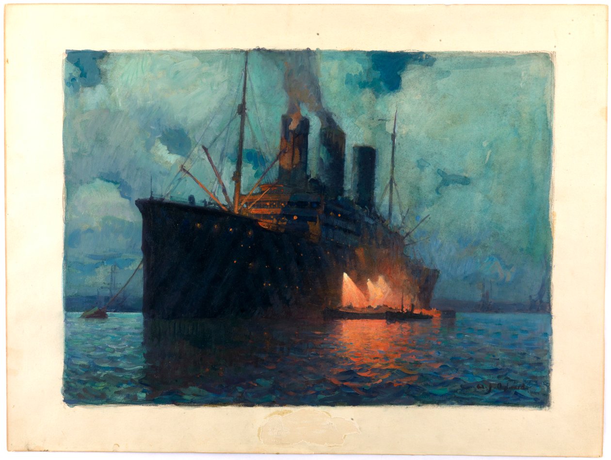 Kuljetuslaivan hiillostaminen yöllä, noin 1919 (öljy kartongille). tekijältä James de Vine Aylward