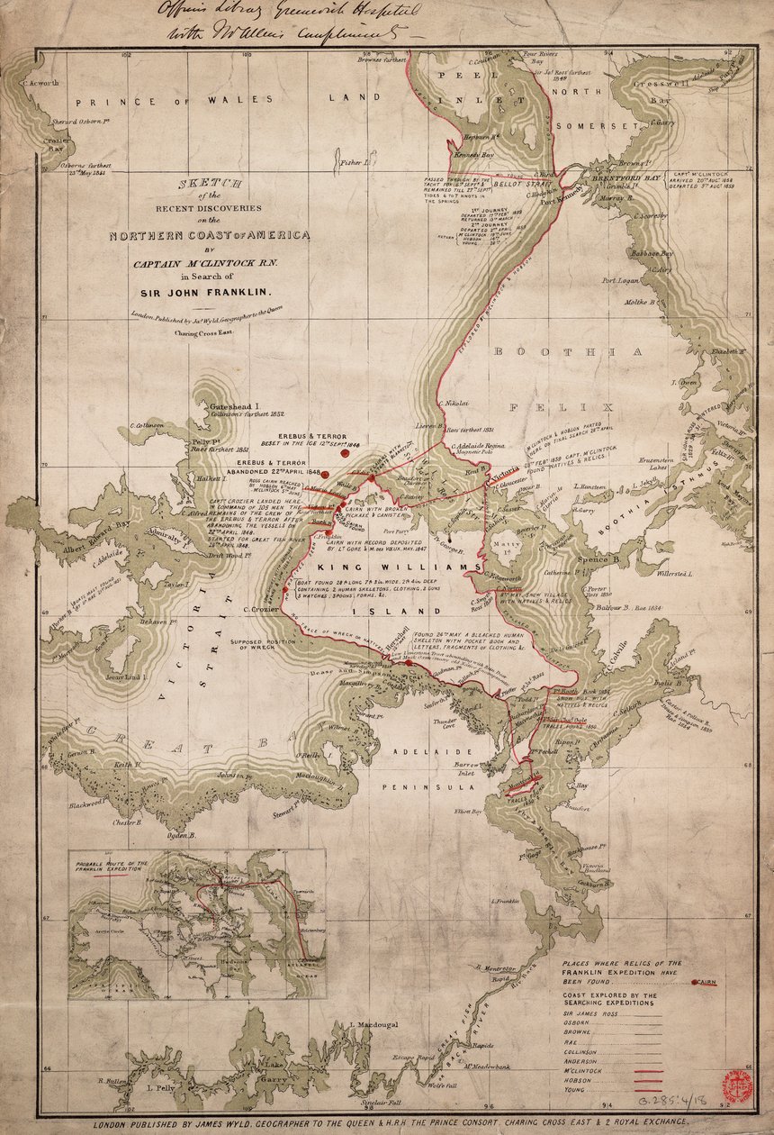 Luonnos kapteeni McClintock RN:n löytöretkistä Amerikan pohjoisrannikolla Sir John Franklinin etsinnöissä, noin 1859 (värillinen kaiverrus). tekijältä James the Younger Wyld