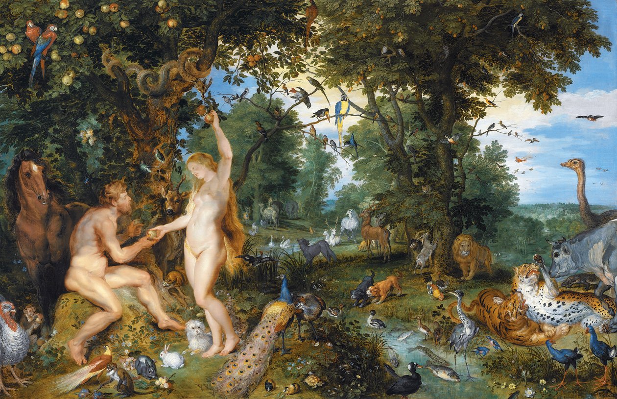 Eedenin puutarha ihmisen lankeemuksella, noin 1615 tekijältä Jan and Rubens, P.P. Brueghel