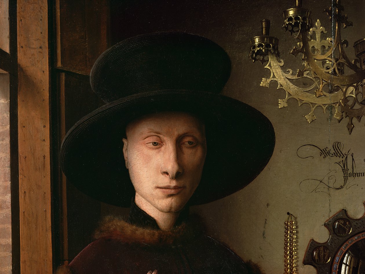 Giovanni Arnolfinin ja hänen vaimonsa Giovanna Cenamin muotokuva (Arnolfinin avioliitto) 1434 (yksityiskohta vuodelta 1765) tekijältä Jan van Eyck
