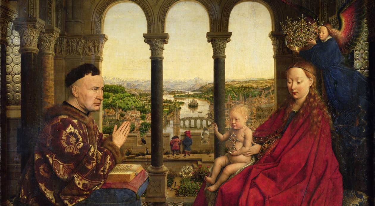 Rolin Madonna (La Vierge au Chancelier Rolin), n. 1435 (paneeli) (yksityiskohta vuodelta 2993) tekijältä Jan van Eyck