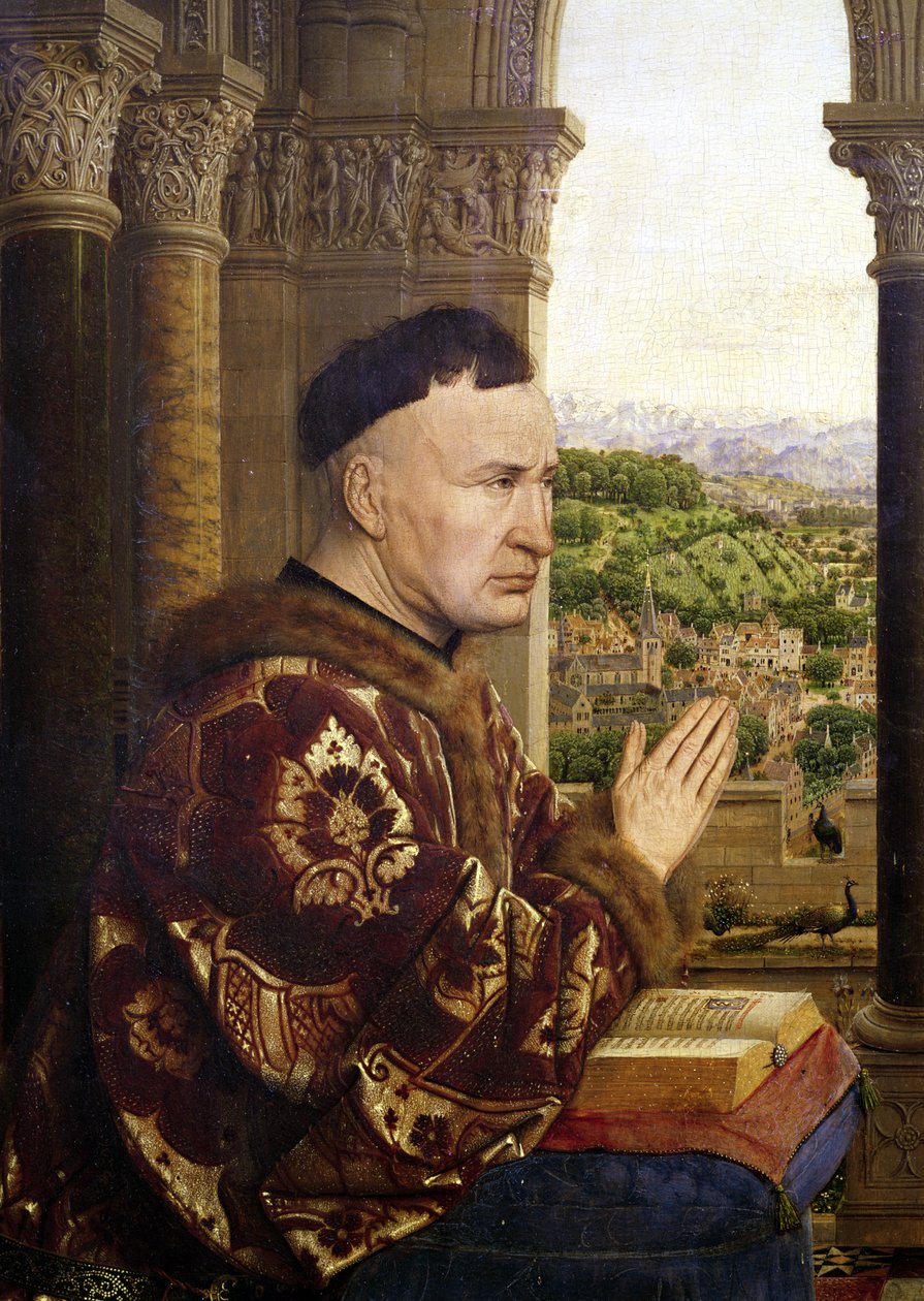 Kansleri Nicolas Rolinin (1376-1462) yksityiskohta Rolin Madonna (La Vierge de Chancelier Rolin) n. 1435 tekijältä Jan van Eyck