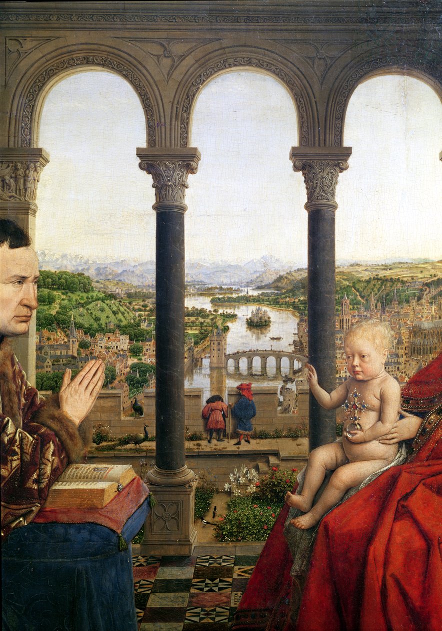 Rolin Madonna (La Vierge de Chancelier Rolin), yksityiskohta pylväiden välisestä näkymästä, n. 1435 (katso myös 2993) tekijältä Jan van Eyck