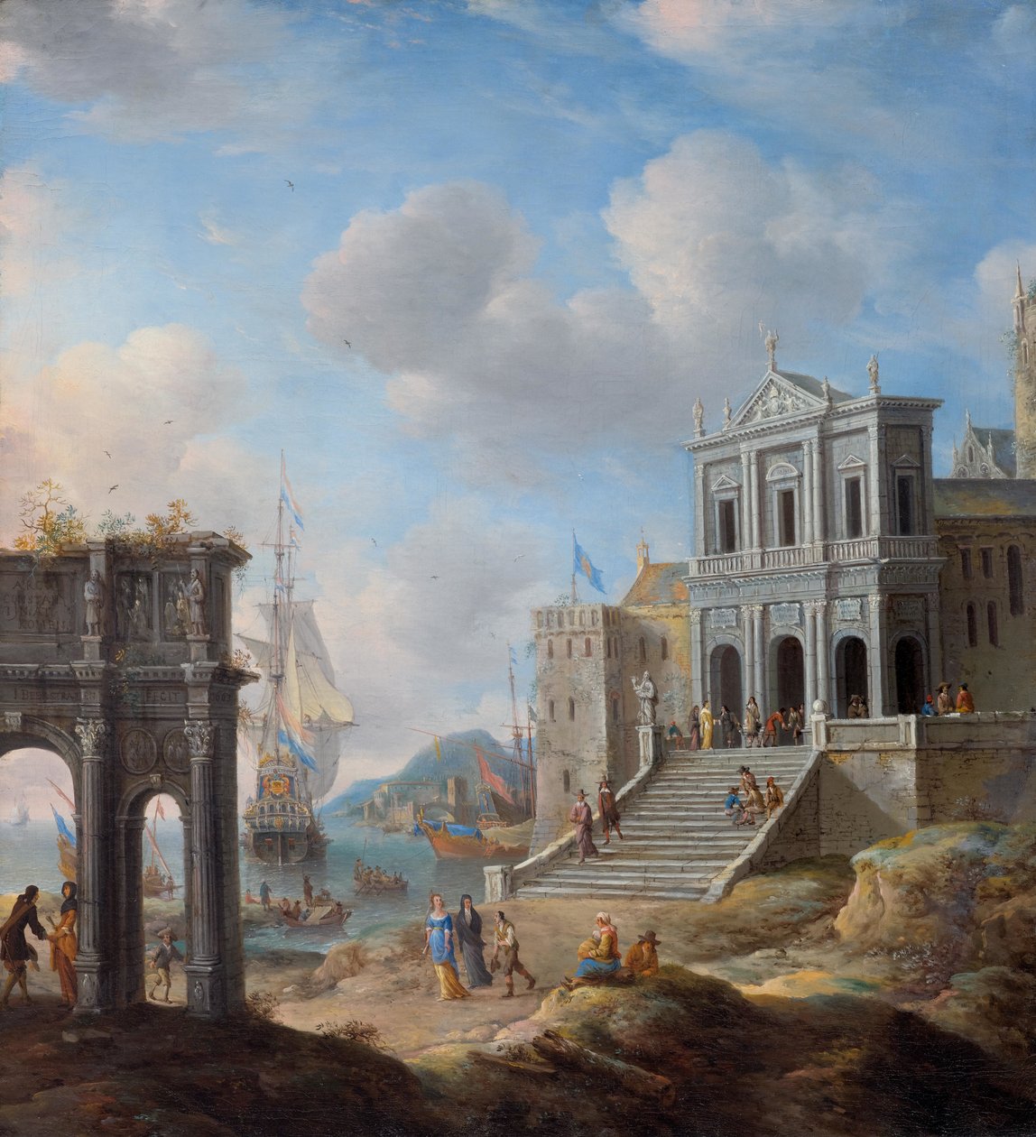 Capriccio mit dem Konstantinsbogen und der Kirche San Gregorio Magno al Celio neben einem Hafen tekijältä Jan Abrahamsz. Beerstraten