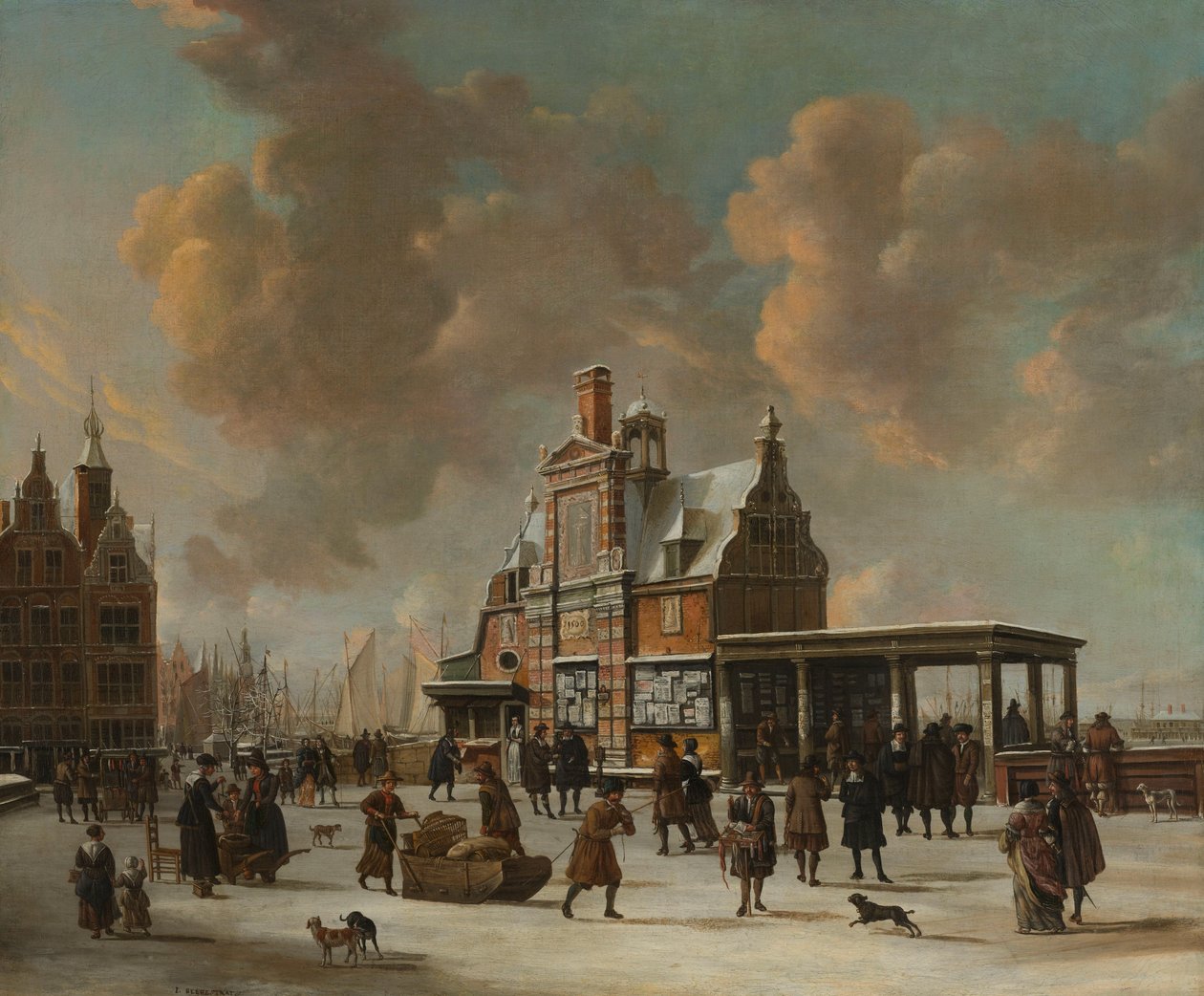 Paalhuis ja Nieuwe Brug Amsterdamissa talvella tekijältä Jan Abrahamsz. Beerstraten