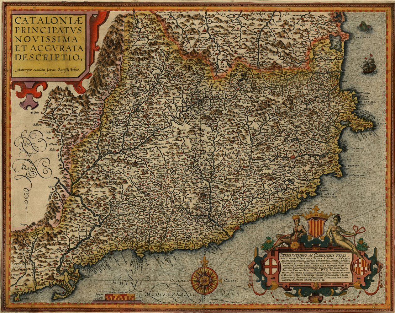 Jan Baptist Vrientsin vuonna 1608 Antwerpenissä painattama Katalonian kartta Cataloniae principatus novissima et accurata descriptio. tekijältä Jan Baptist Vrients