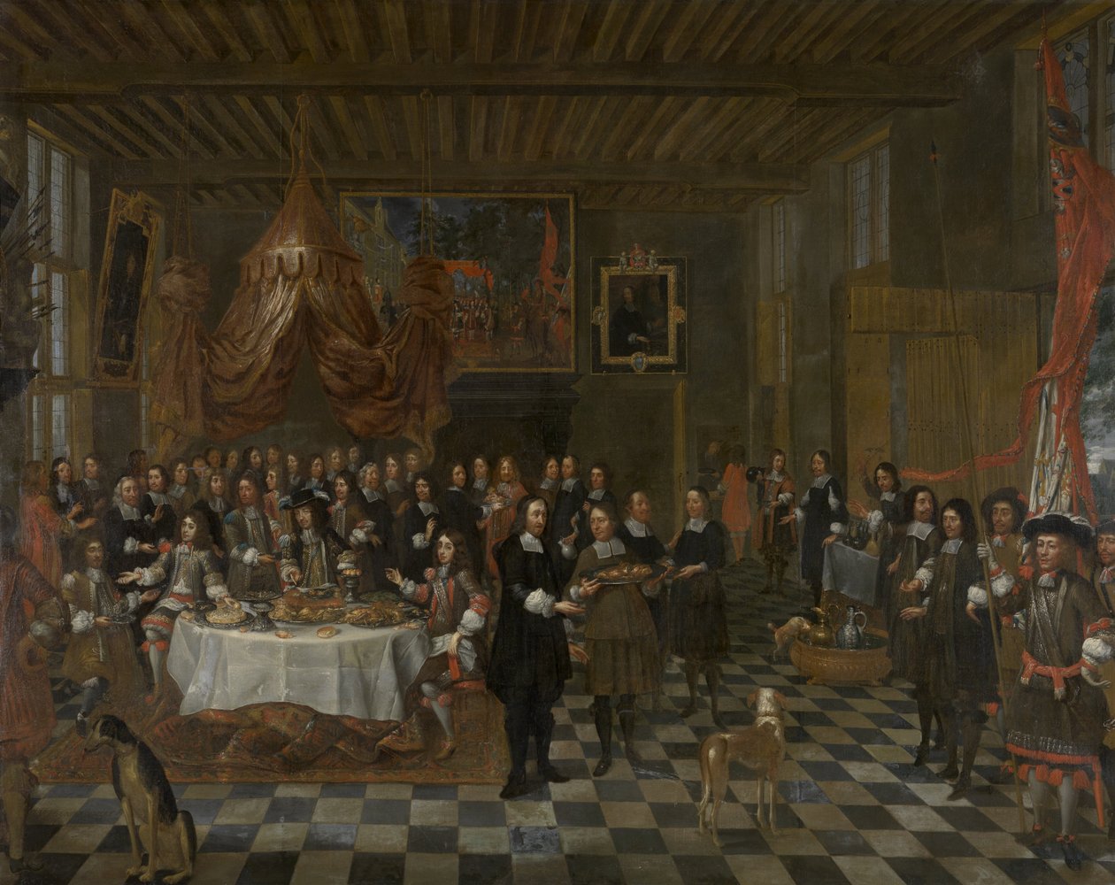 Het Brugse Sint-Barbaragilde Kalent II engelse koning Karel II en zijn beide broers een banket aan in de gildenkamerKaarli II: n ja hänen veljiensä vastaanotto Saint Barbaran killassa Bruggessa tekijältä Jan Baptist van Meunincxhove