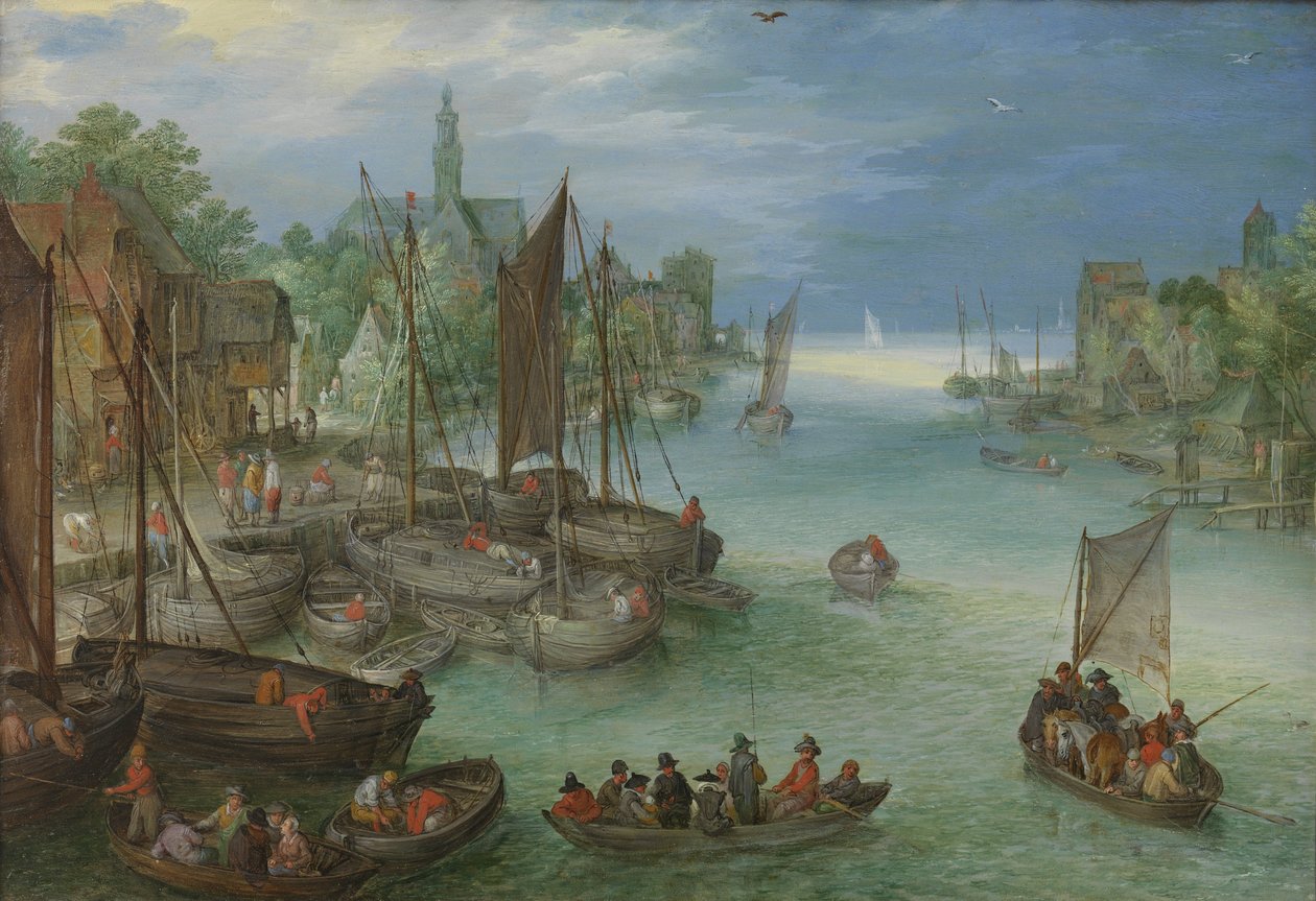 Gezicht op een stad aan een rivier tekijältä Jan the Elder Brueghel