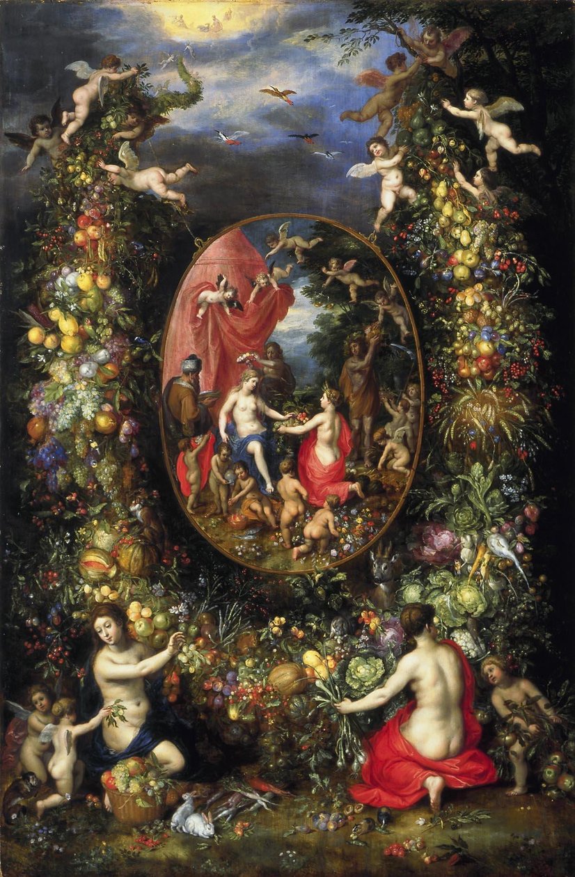 Krans van vruchten en bloemen rond een allegorie op de landbouw tekijältä Jan the Elder Brueghel