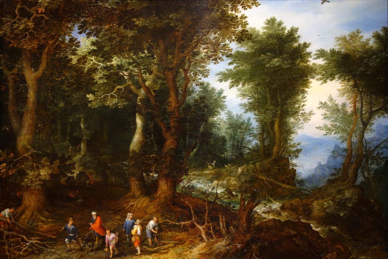 Metsäinen maisema Abrahamin ja Iisakin kanssa tekijältä Jan the Elder Brueghel