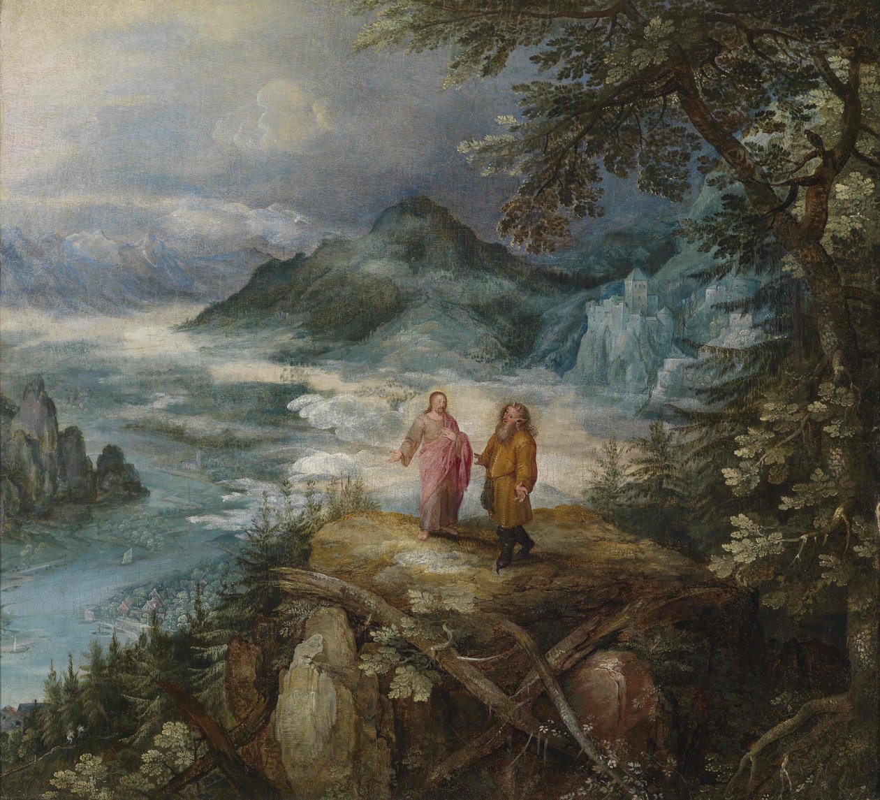 Weite Gebirgslandschaft mit der Versuchung Christi tekijältä Jan the Elder Brueghel