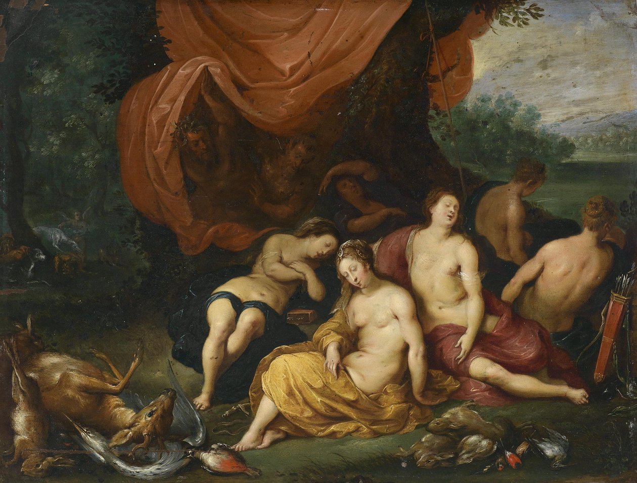 Diana und ihre Nymphen nach der Jagd, von Satyrn belauscht tekijältä Jan Brueghel the Younger