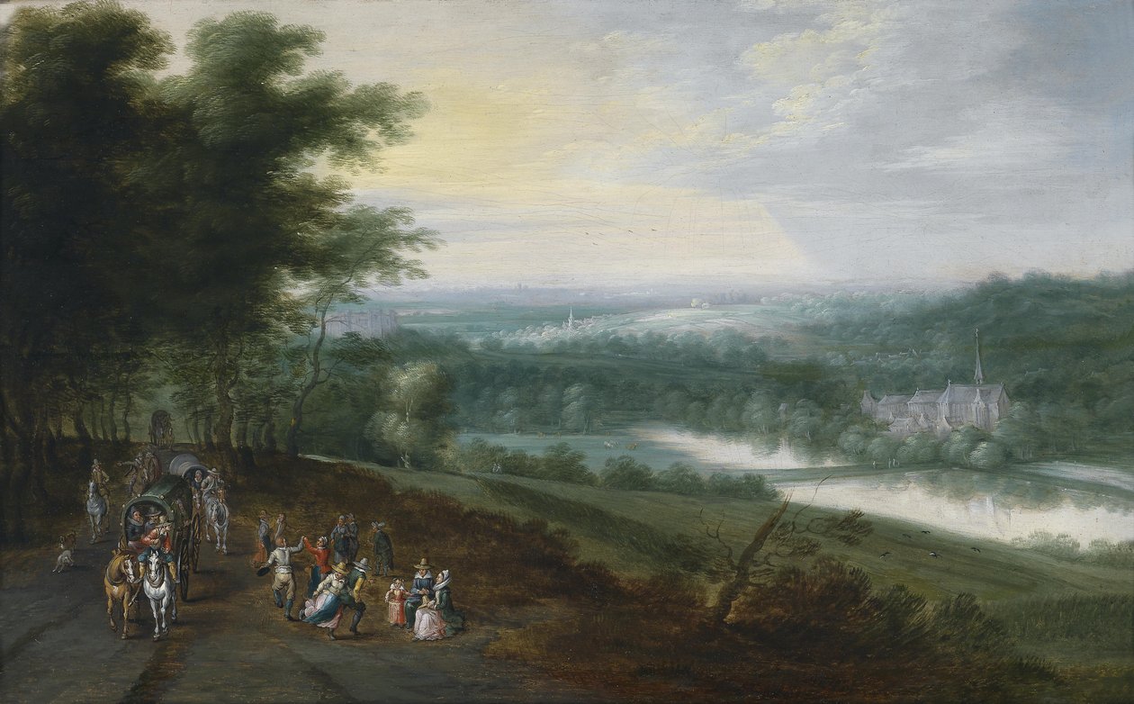 Weite Flusslandschaft mit Reisenden und tanzenden Bauern auf einem Pfad, im Hintergrund eine Klosteranlage tekijältä Jan Brueghel the Younger