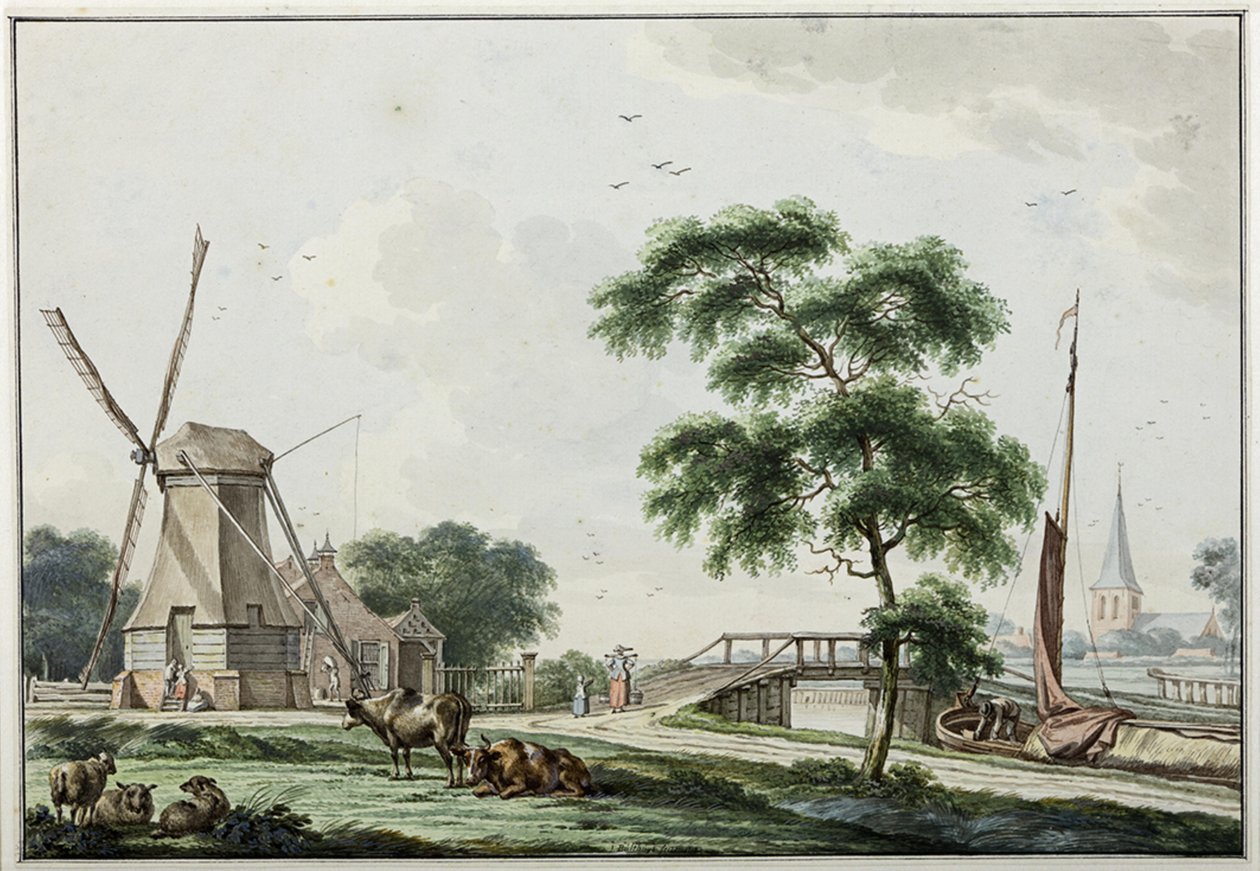 De Ulrumertil yli de trekvaart met pelmolen en op de achtergrond de kerk van Ulrum tekijältä Jan Bulthuis