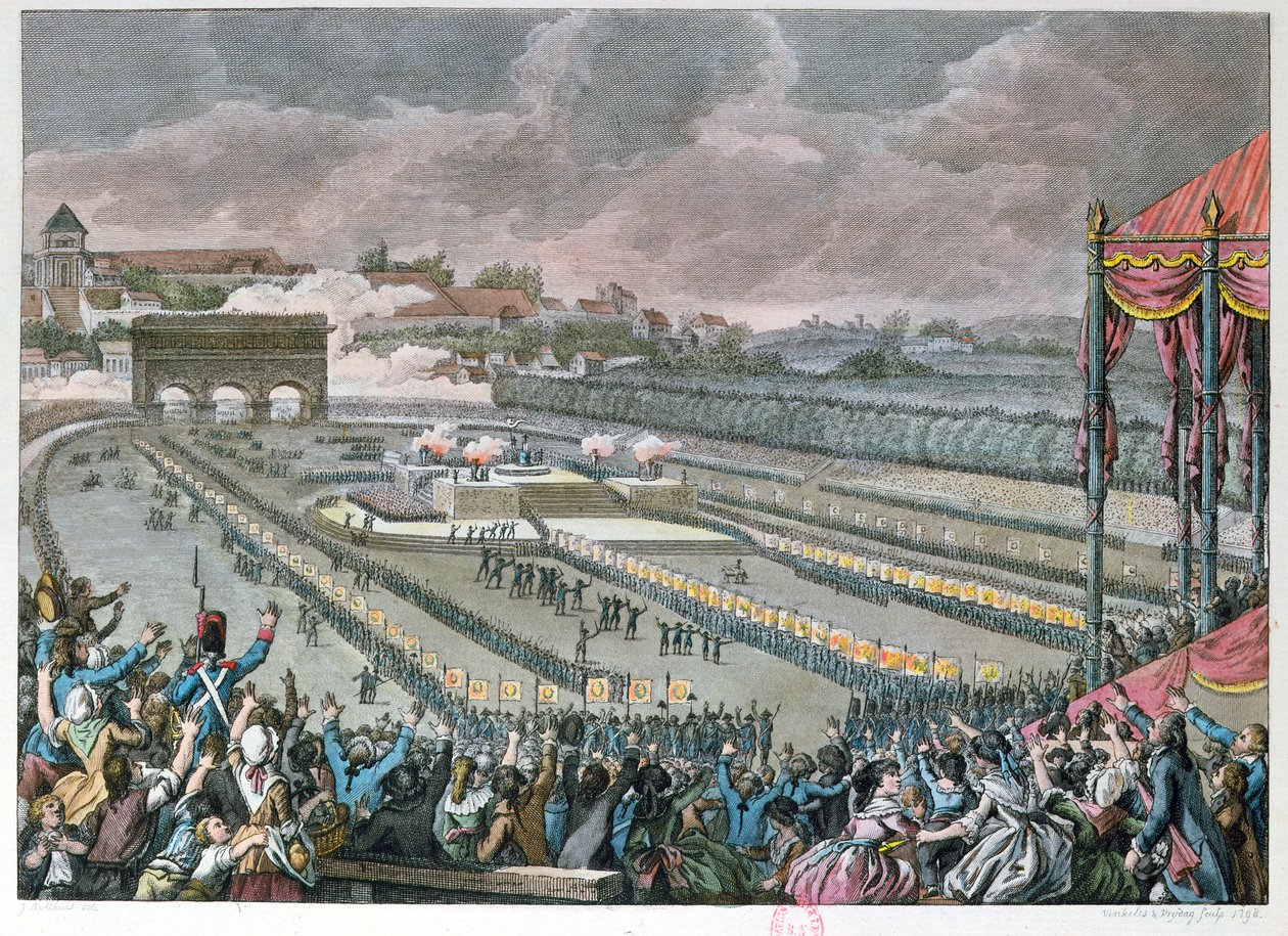 Liittovaltion juhlat 14. heinäkuuta 1790 Champ de Marsilla, 1798 (värikaiverrus). tekijältä Jan Bulthuis