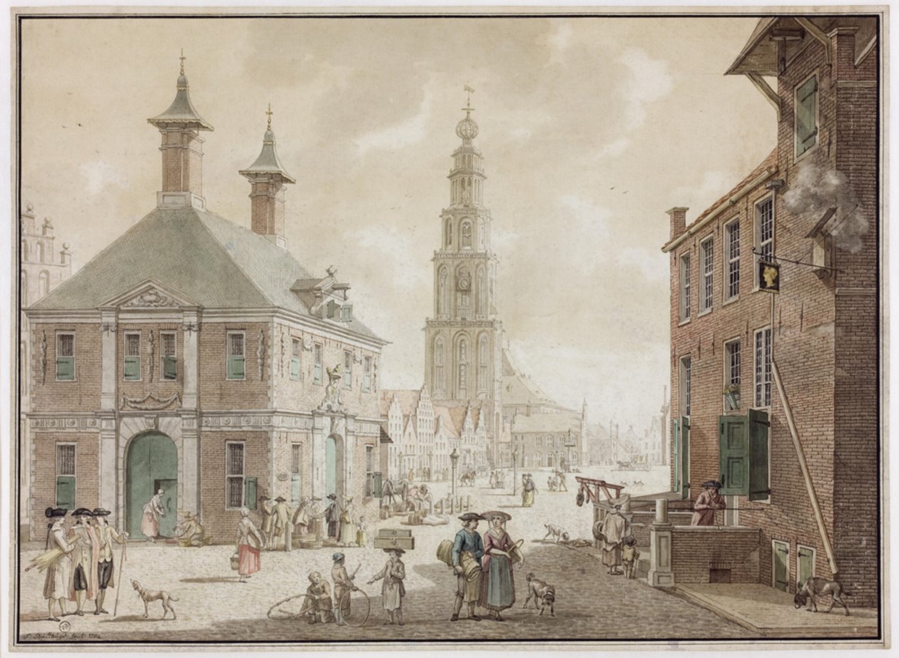 Grote Markt tapasi waag en herberg Het Gouden Hoofd tekijältä Jan Bulthuis