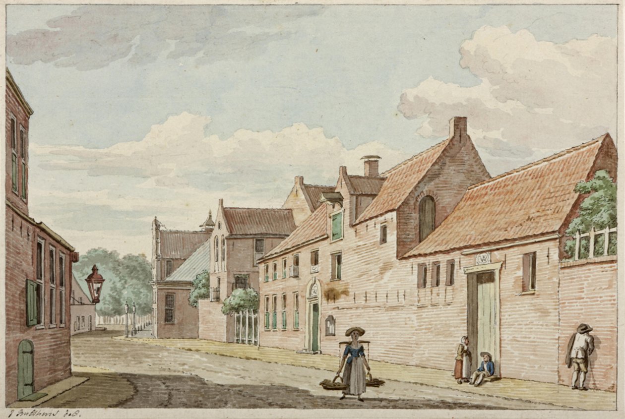 Munnekeholm tapasi rechts het Westindische huis en daarnaast op de achtergrond het Aduardergasthuis tekijältä Jan Bulthuis