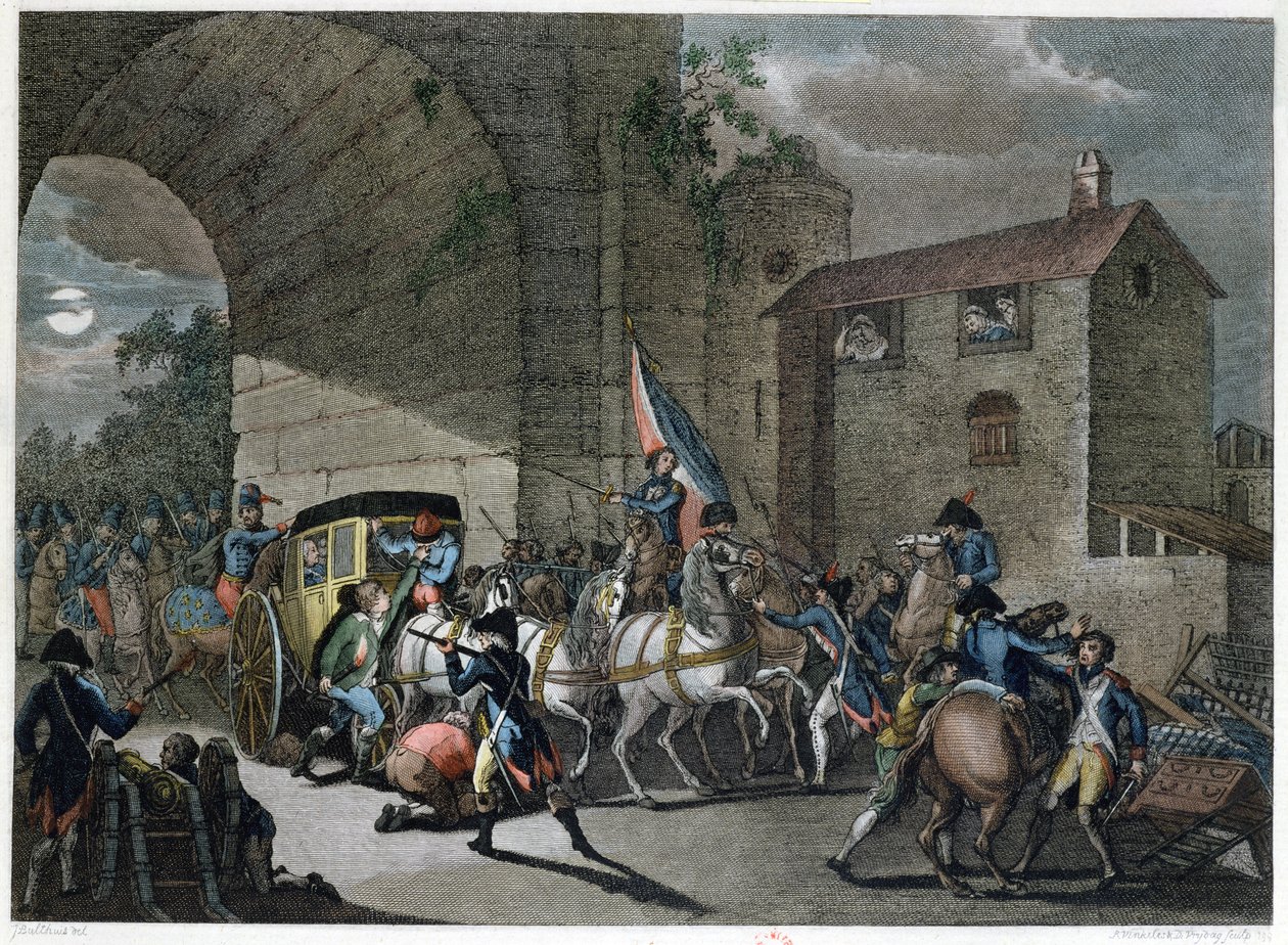 Ludvig XVI:n (1754-93) pidättäminen Varennesissa 22. kesäkuuta 1791, kaivertajat Reinier Vinkeles (1741-1816) ja Daniel Vrydag (1765-1822). tekijältä Jan Bulthuis