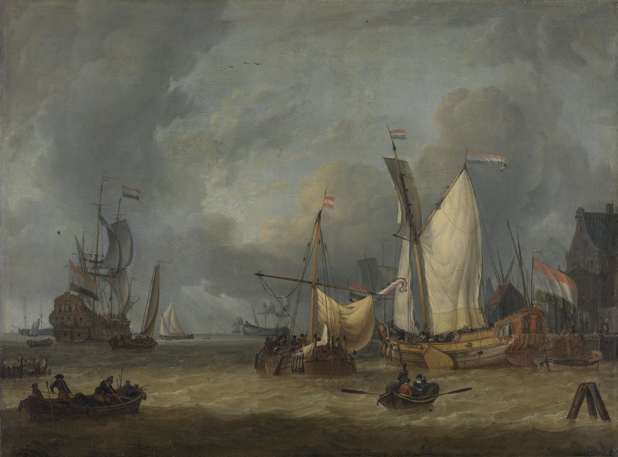 Schepen in de haven bij een stevige bries tekijältä Jan Claesz Rietschoof