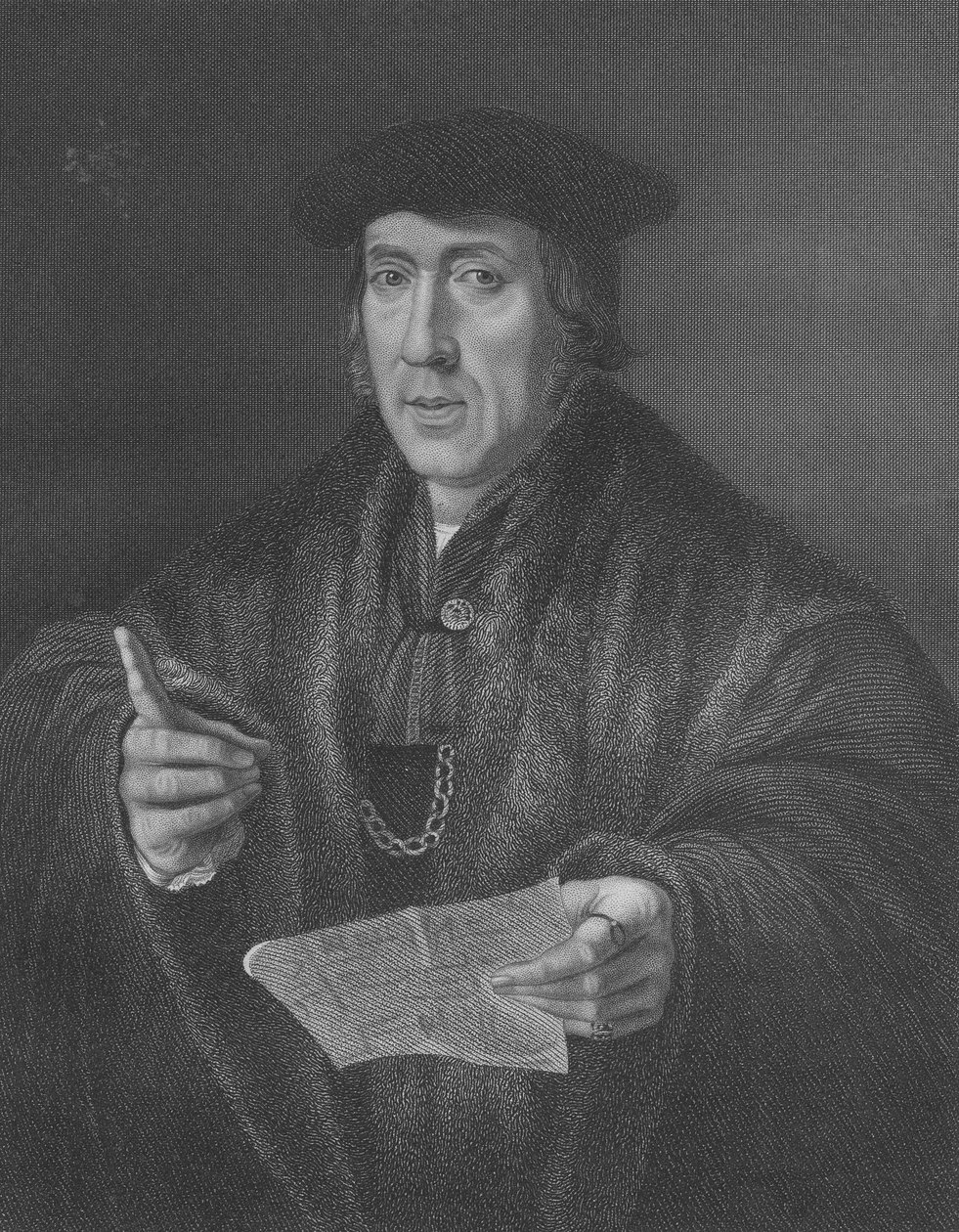 Sir John Moren (n. 1451-1530) muotokuva, kaivertanut W.T.Mote tekijältä Jan Cornelisz Vermeyen